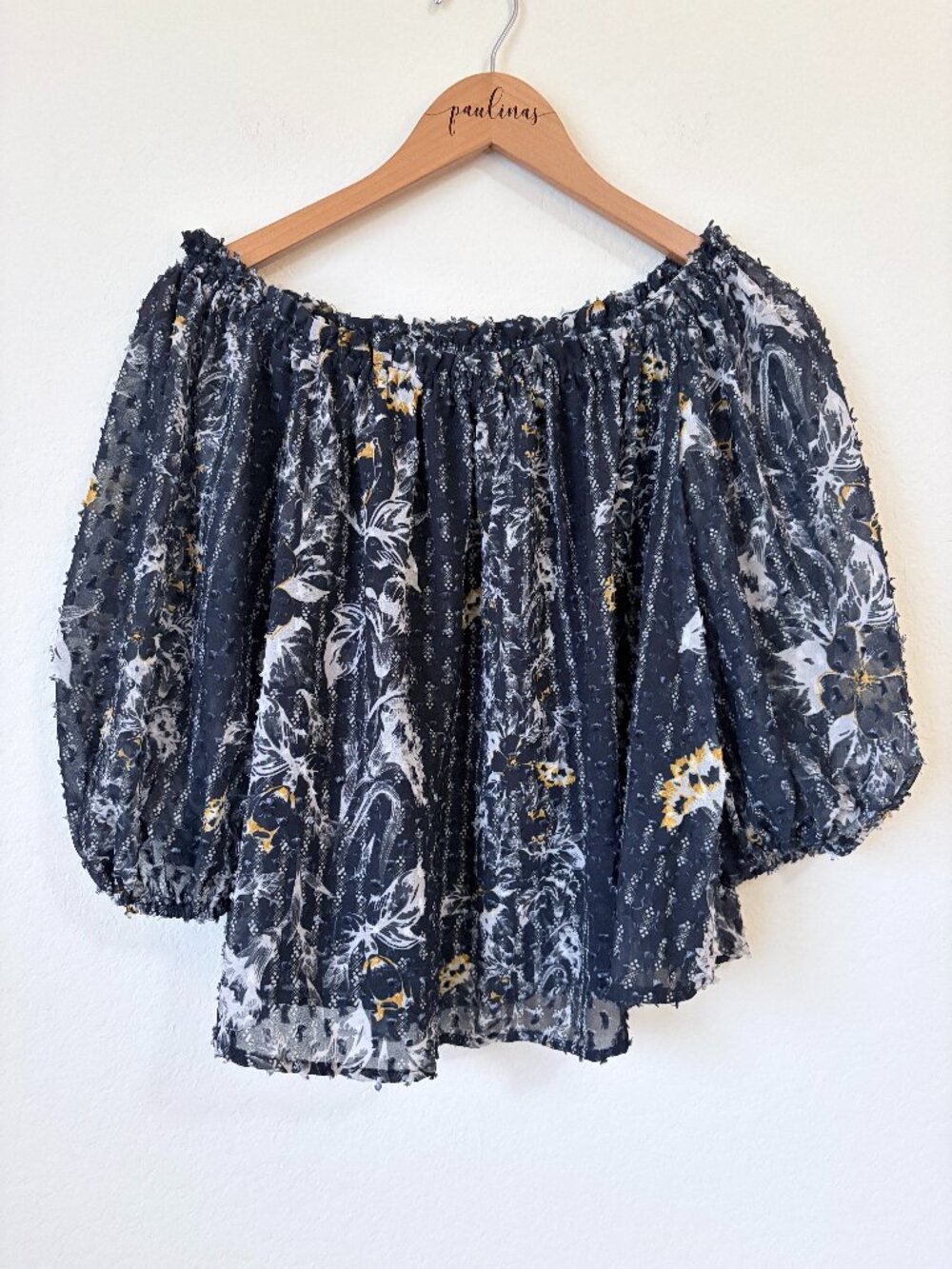 Sam Lavi Top Womens Small Black Floral Off Shoulder Boho USA Made Blouse S